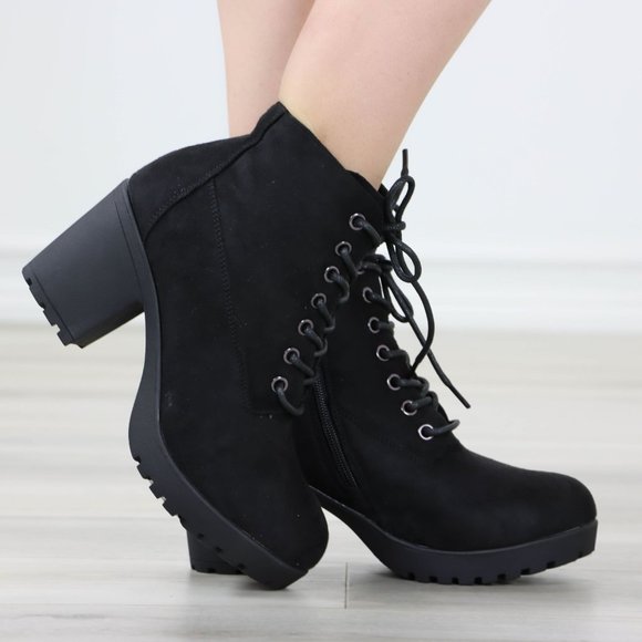 Shoes - Black Suede Ankle Chunky Block Lug High Heel Boots Lace-Up